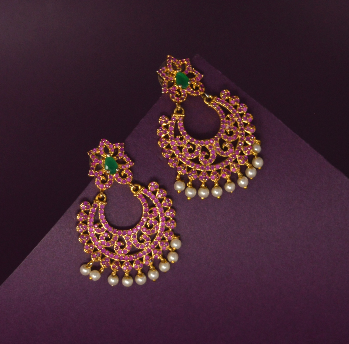 Chandbali Earrings - Red & Green Stone Moti Earrings