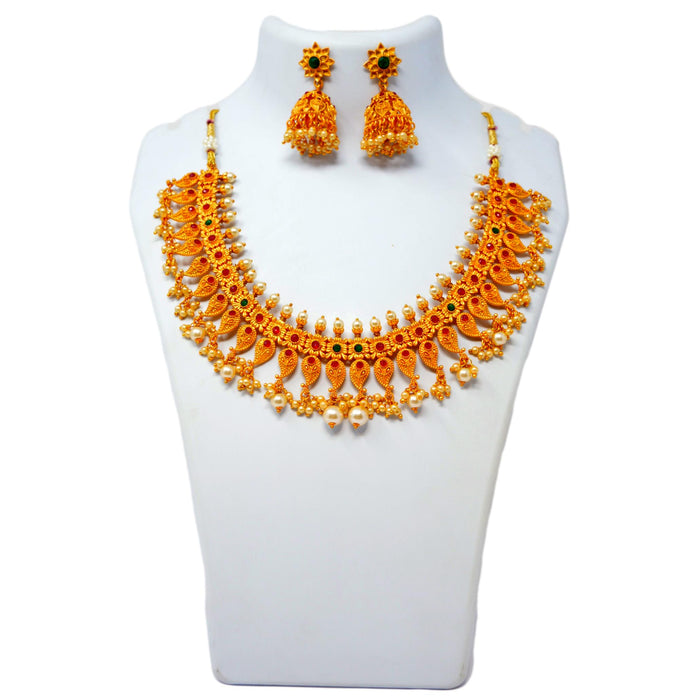 Red & Green Stone, Moti Temple Necklace Set